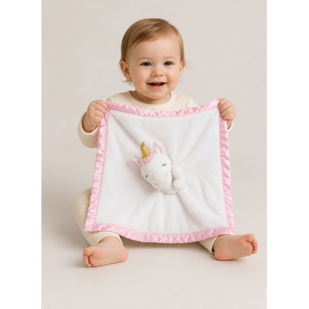 Carters Unicorn Plush Security Blanket Pink & White Baby Lovey 14" x 14" Soft Sa